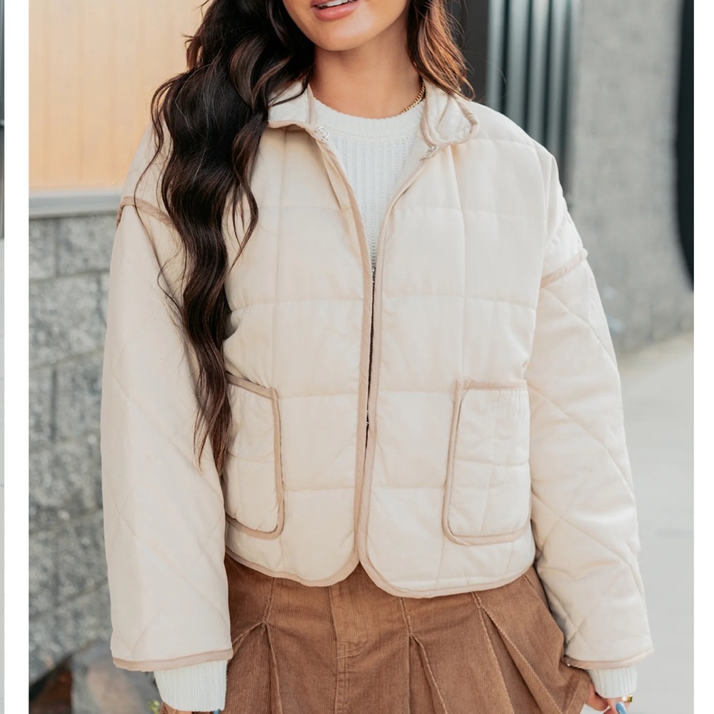 Women's Beige Quilted Puffer Jacket - Picture 2 of 6